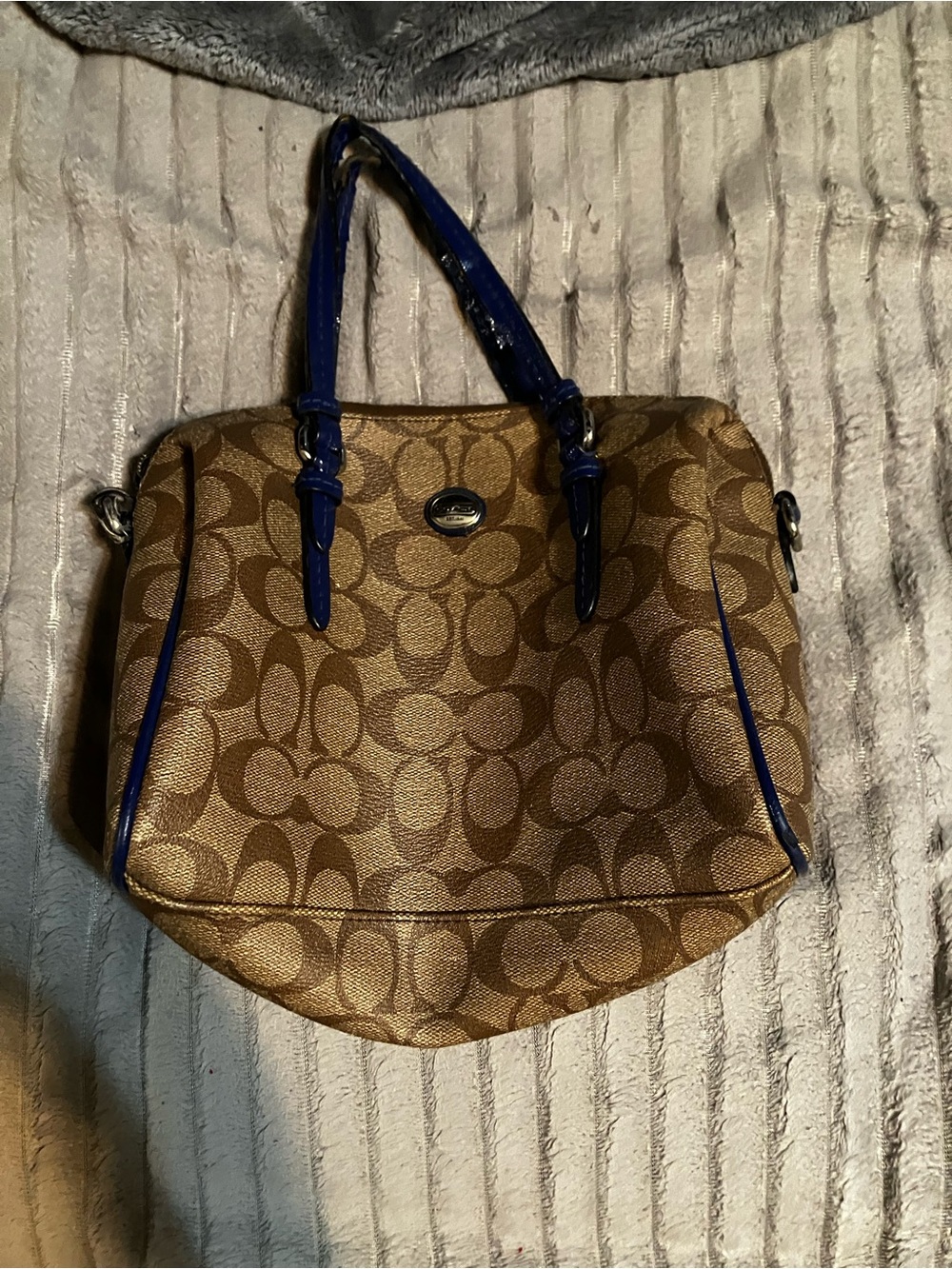 Coach Brown Signature Canvas Satchel with Blue Trim
